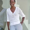 Cotton Mesh Button Neck Top^Pure Collection Hot