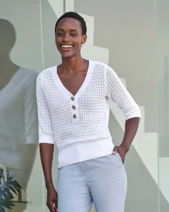 Cotton Mesh Button Neck Top^Pure Collection Hot