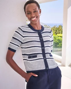 Cotton Textured Short Sleeve Stripe Cardigan^Pure Collection Fashion