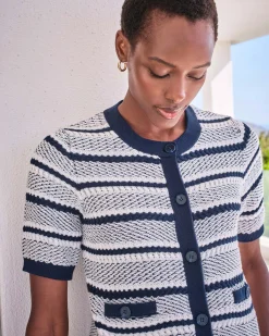 Cotton Textured Short Sleeve Stripe Cardigan^Pure Collection Fashion