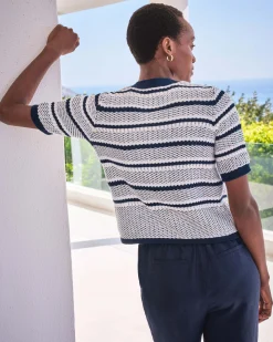 Cotton Textured Short Sleeve Stripe Cardigan^Pure Collection Fashion