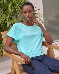 Embroidered Shoulder Short Sleeve Top^Pure Collection Fashion