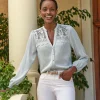 Notch Neck Lace Trim Blouse^Pure Collection Sale