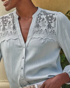 Notch Neck Lace Trim Blouse^Pure Collection Sale